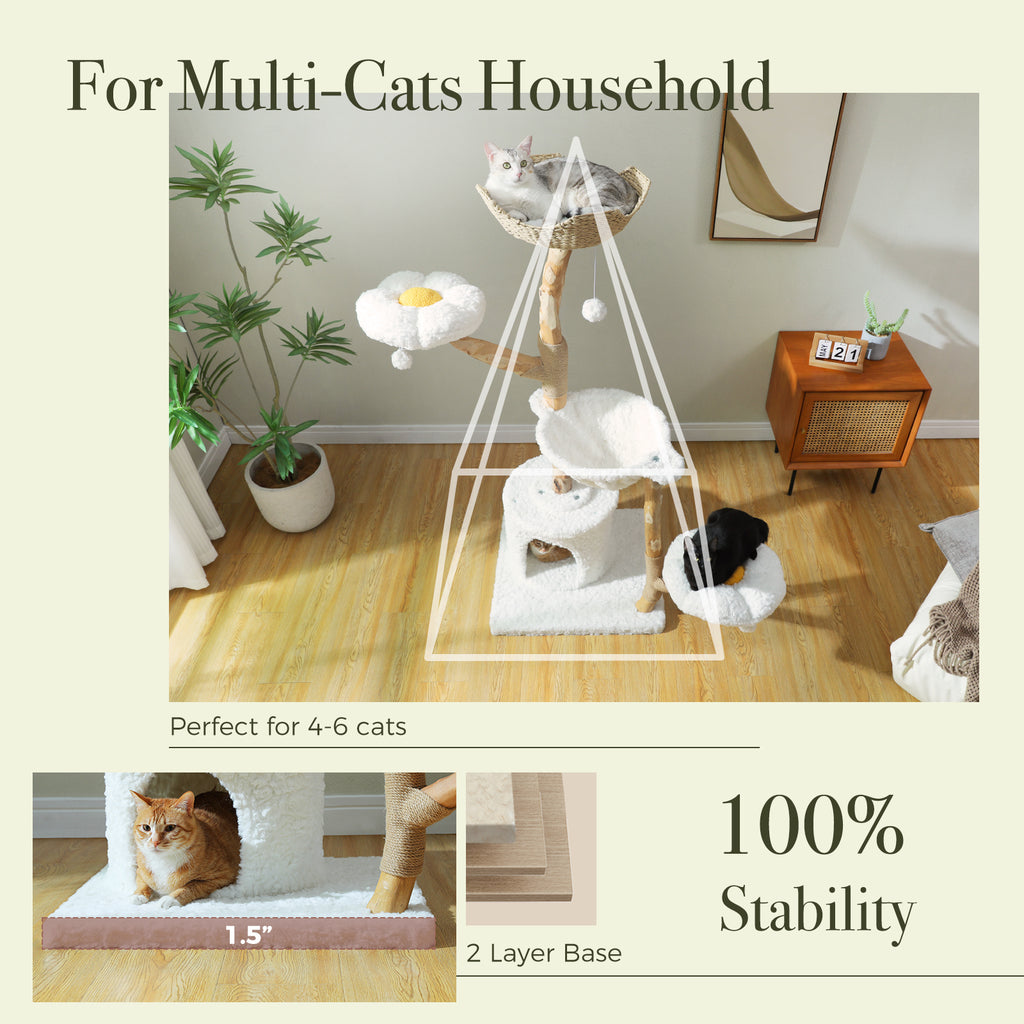 Natural wood cat tree graphic for multi-cat homes showing stability frame, double-layer base and condo