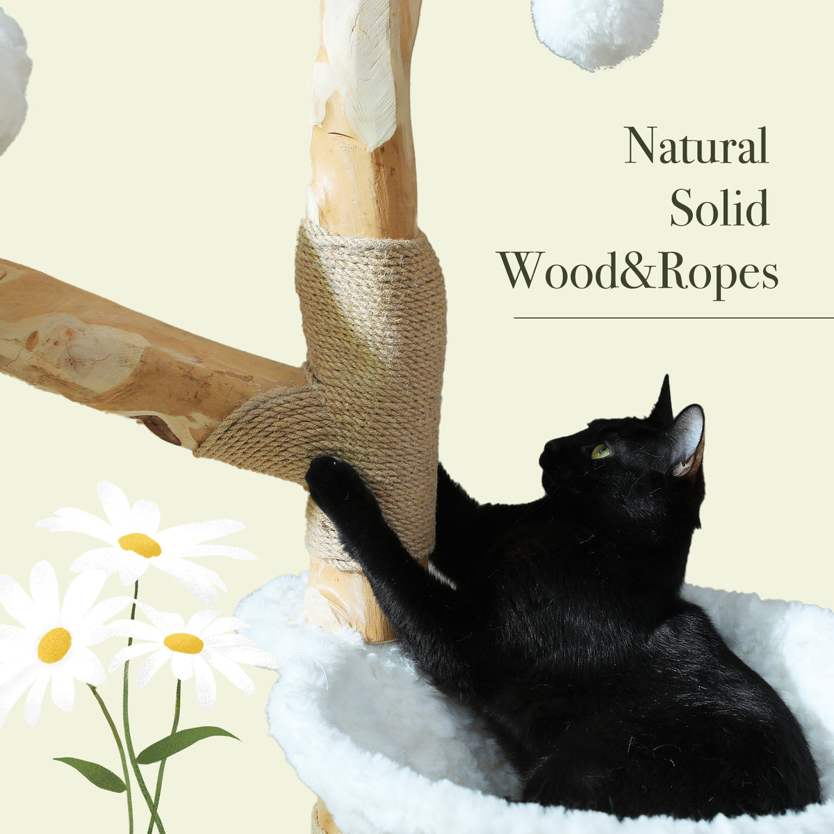 Black cat scratching the sisal-wrapped branch of the natural wood cat tree on a white plush bed