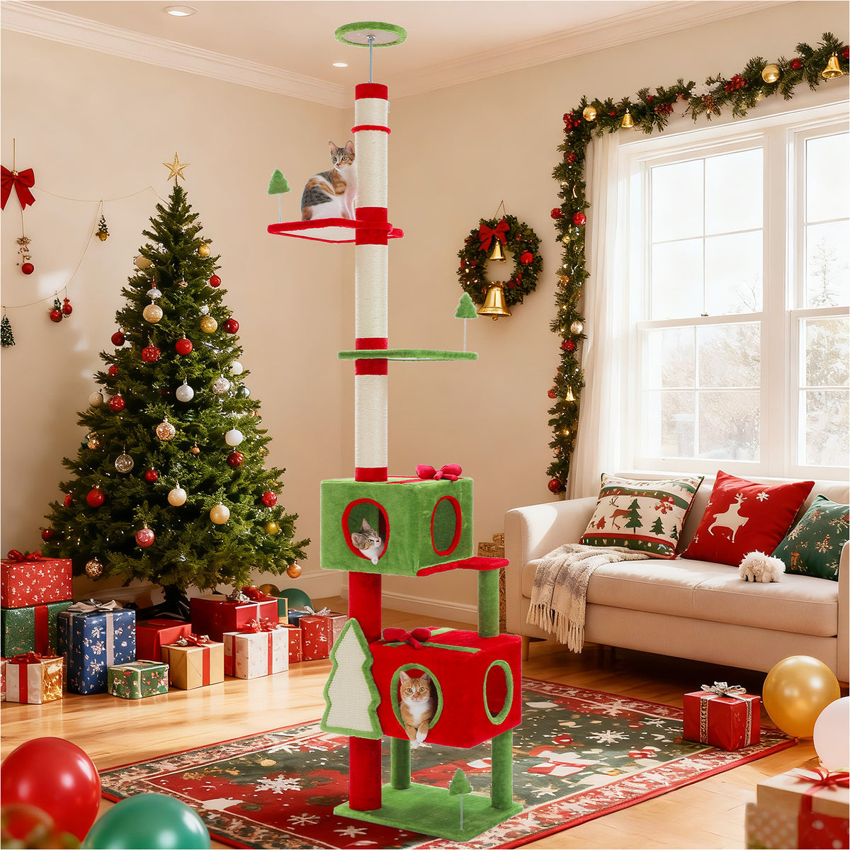Festive 3-condo floor-to-ceiling cat tree 210-276cm, red green and white condos in a Christmas living room