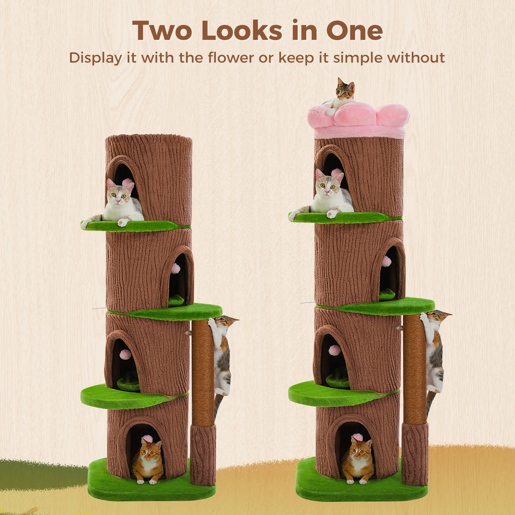 Brown cat tree with and without its removable pink flower topper, cats on the sisal post and in the cubbies