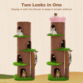 Brown cat tree with and without its removable pink flower topper, cats on the sisal post and in the cubbies