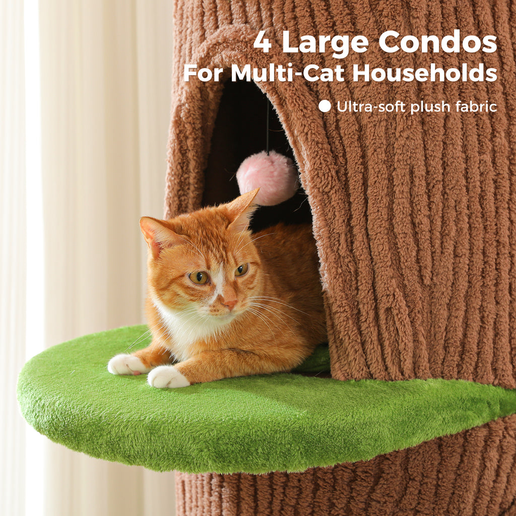 Orange and white tabby cat resting on a green leaf platform of the brown cat tree beside an arched condo opening