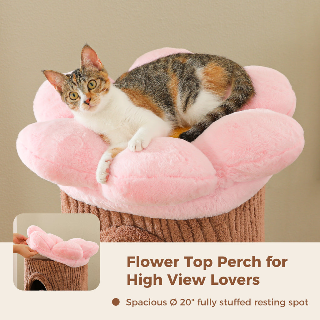 Calico cat resting inside the pink flower top perch of the brown cat tree, removable flower cushion shown in an inset