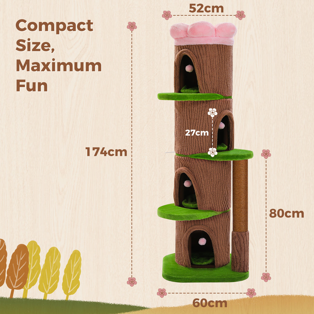 Dimension diagram of the brown trunk cat tree noting 174cm height, 80cm sisal post, base and flower perch measurements