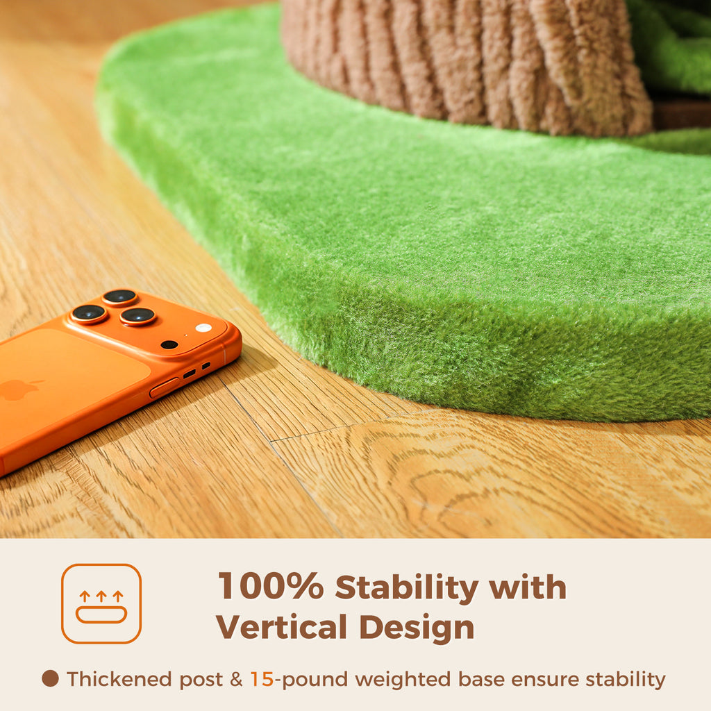 Close-up of the thick green plush base of the brown cat tree beside a smartphone, vertical design stability feature