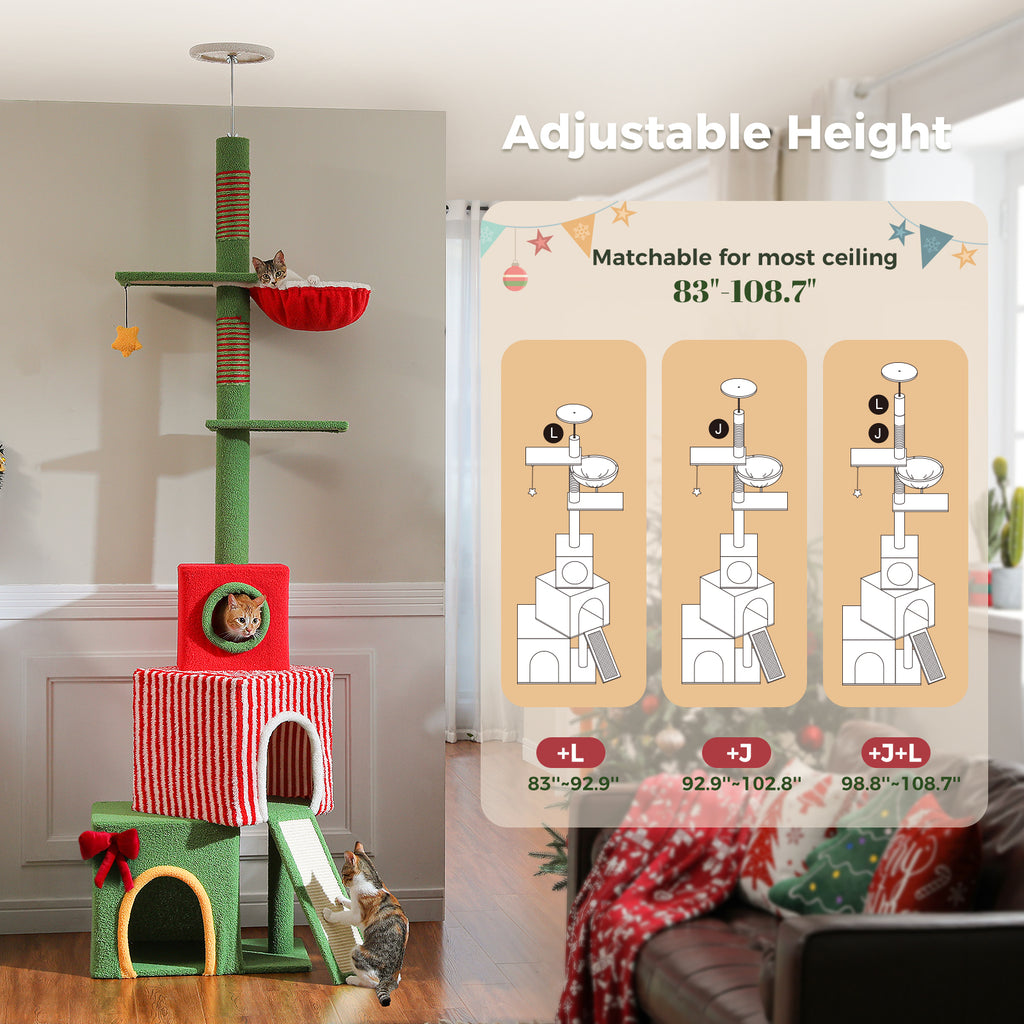 Front view of the 3-condo floor-to-ceiling cat tree, gift-style condos, sisal pole and adjustable height text
