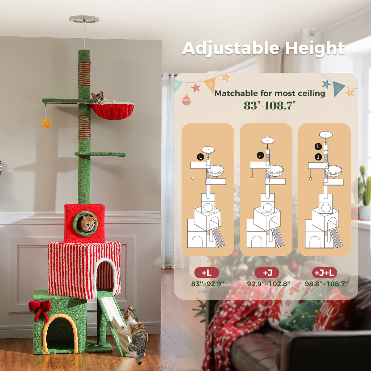 Front view of the 3-condo floor-to-ceiling cat tree, gift-style condos, sisal pole and adjustable height text