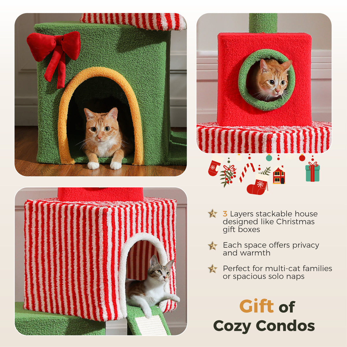 Gift-box style stackable cat condos in red, green and striped plush, cats resting inside, multi-cat families