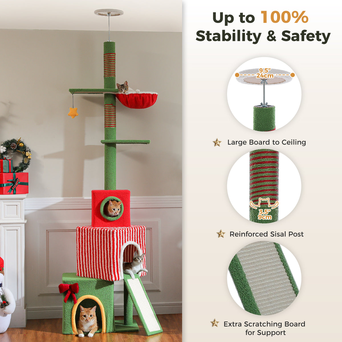 Infographic of the 3-condo cat tree claiming up to 100 percent stability, four cats in condos and hammock