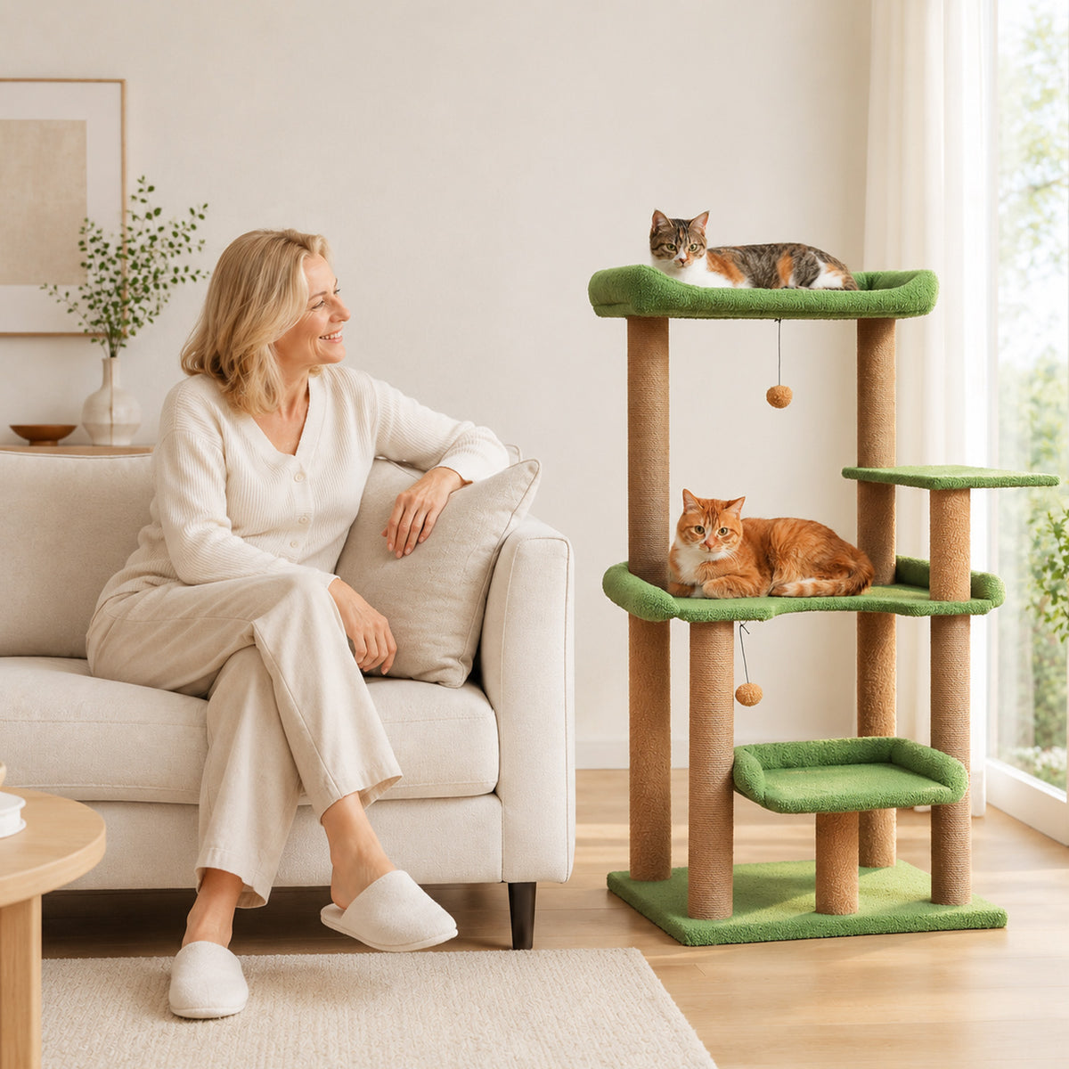 Woman relaxing on a cream sofa watching two cats climb the green 110cm cat tree in a light living room