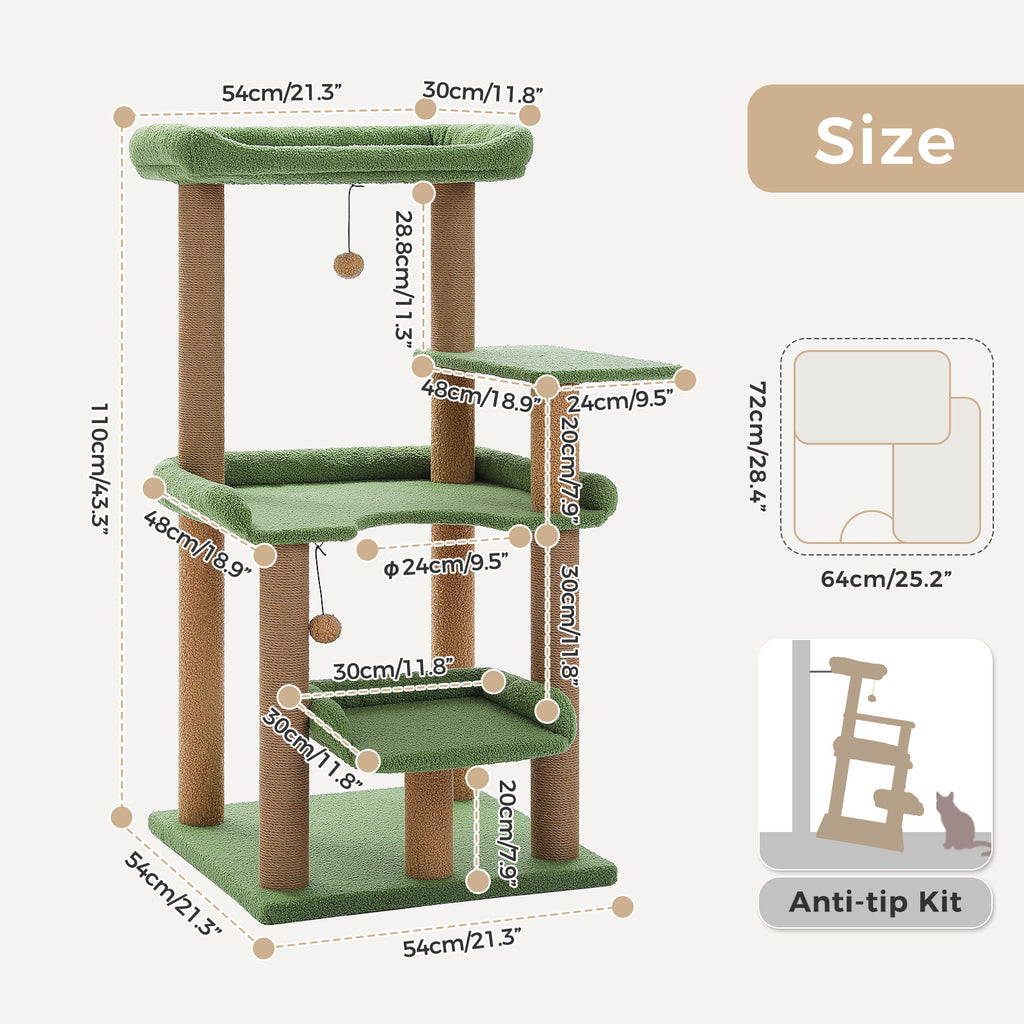 Size diagram of the 110cm green cat tree in cm and inches with footprint plan and anti-tip kit note
