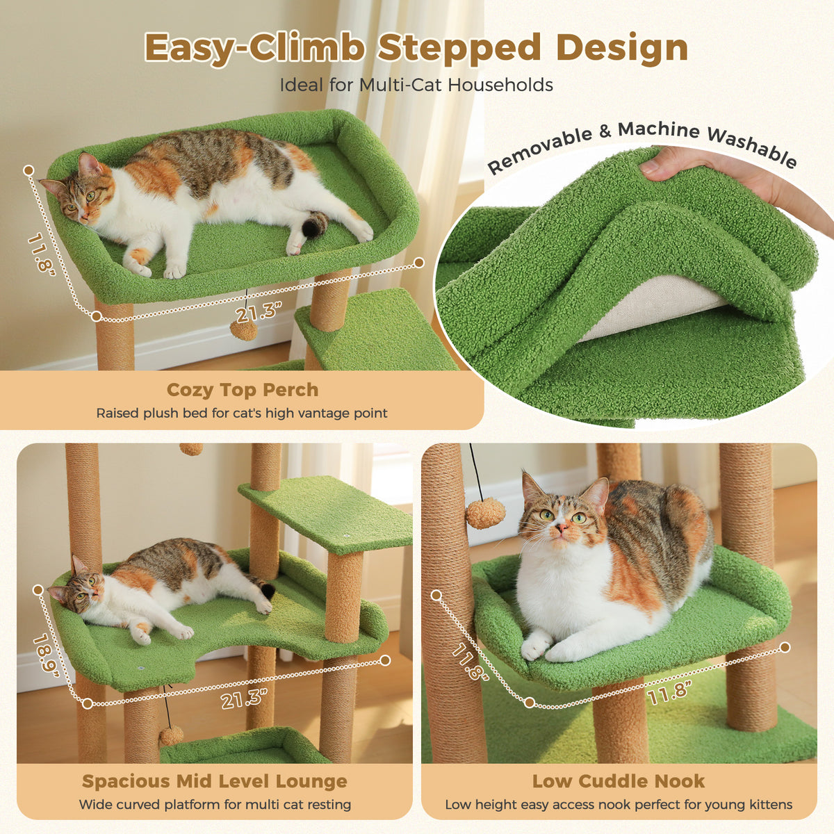 Easy-climb stepped green cat tree graphic labelling the top perch, mid-level lounge and cuddle nook