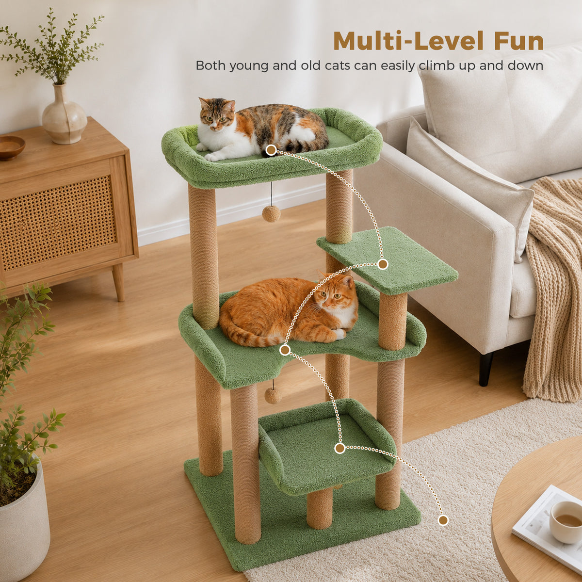 Green 110cm cat tree with dotted climbing-path overlay, orange tabby resting and calico cat in the top bed