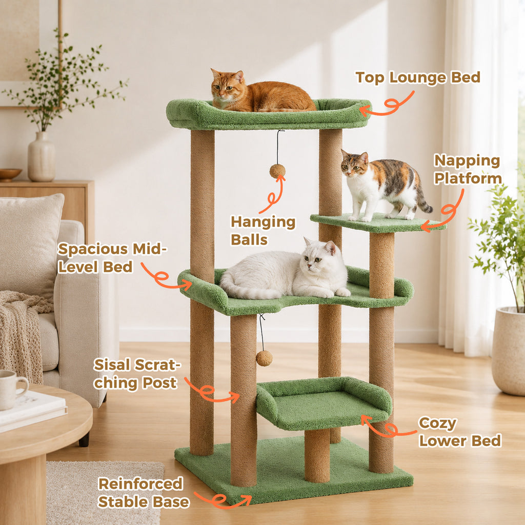 Green 110cm cat tree with feature labels for top lounge bed, mid-level bed and sisal posts, three cats