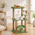 Green 110cm cat tree with feature labels for top lounge bed, mid-level bed and sisal posts, three cats