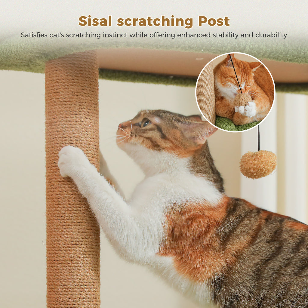 Calico cat clawing the sisal scratching post of the green 110cm cat tree with toy-playing inset