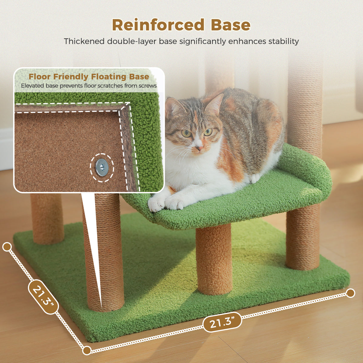Reinforced base graphic of the green cat tree with cutaway inset showing recessed screws, calico cat resting