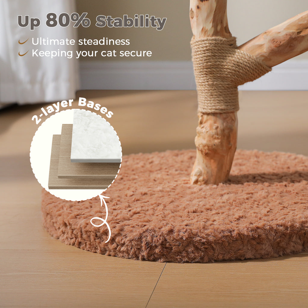 Close-up of the round plush base of the cat tree; graphic claims 80 percent stability from the two-layer base
