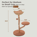 Natural wood cat tree spec chart with rust plush pads and wicker basket; notes 37.5 inch height for cats up to 15 lbs