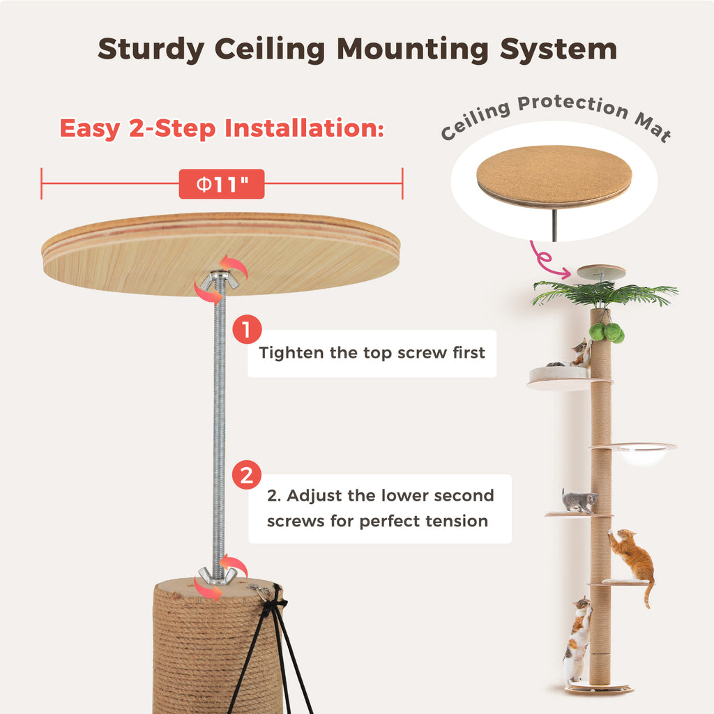 Ceiling mounting guide for the palm cat tree, tightening steps shown beside the assembled tower with cats