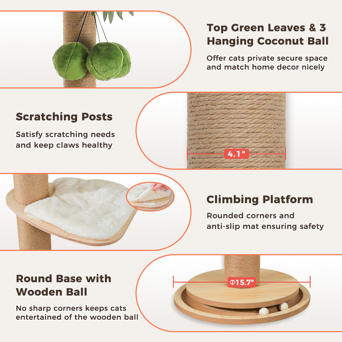 Four-panel diagram of palm leaves, coconut toys, sisal scratching post, platform mat and round ball base