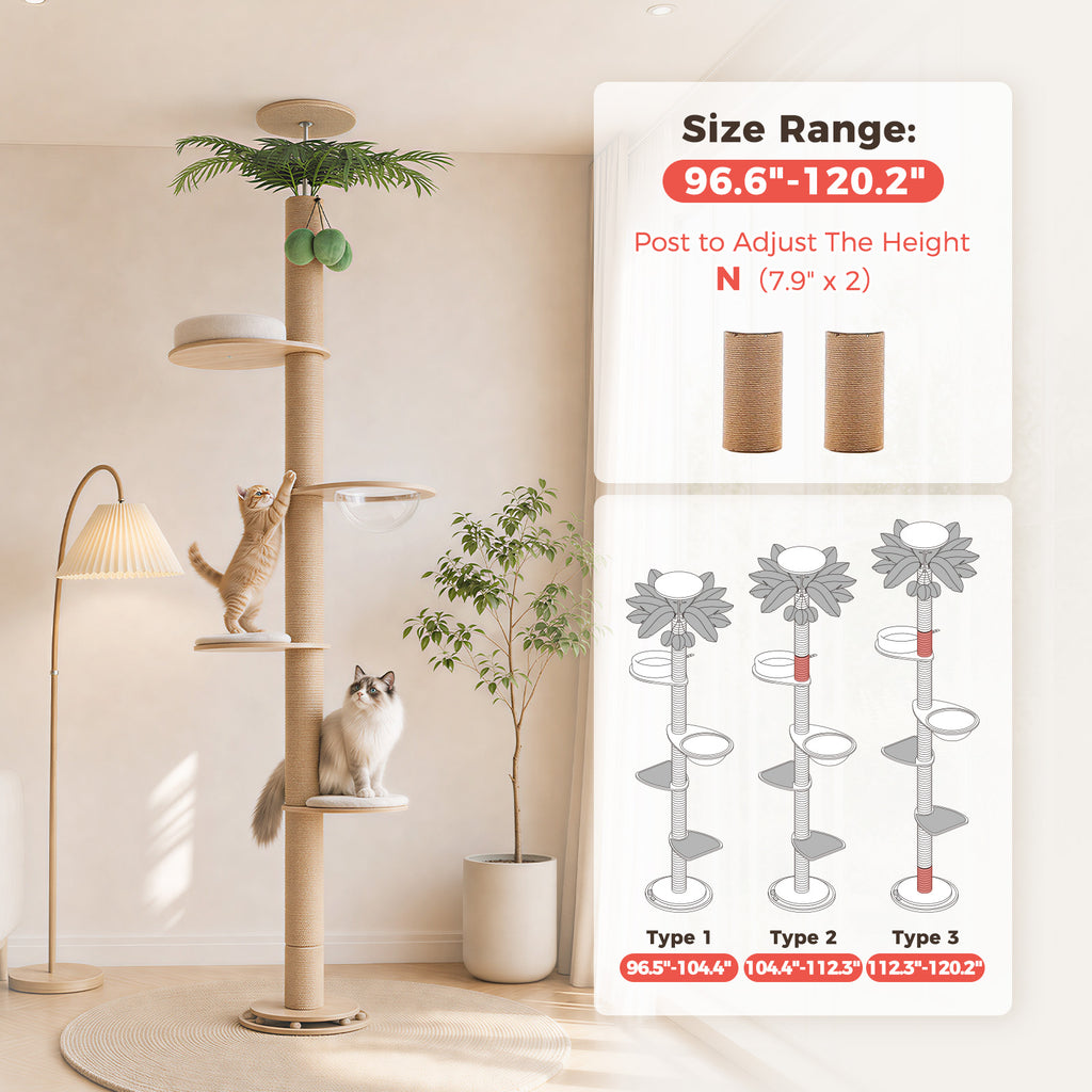 Palm cat tree photo with size-range panel, grey cat on platform and orange tabby kitten climbing the pole
