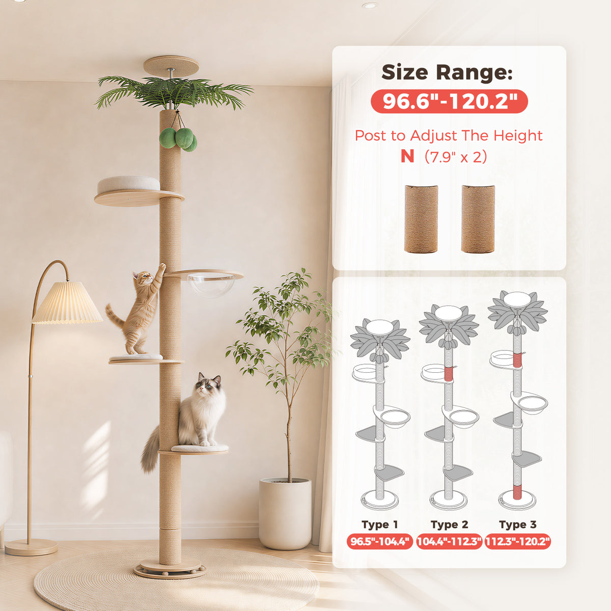 Palm cat tree photo with size-range panel, grey cat on platform and orange tabby kitten climbing the pole