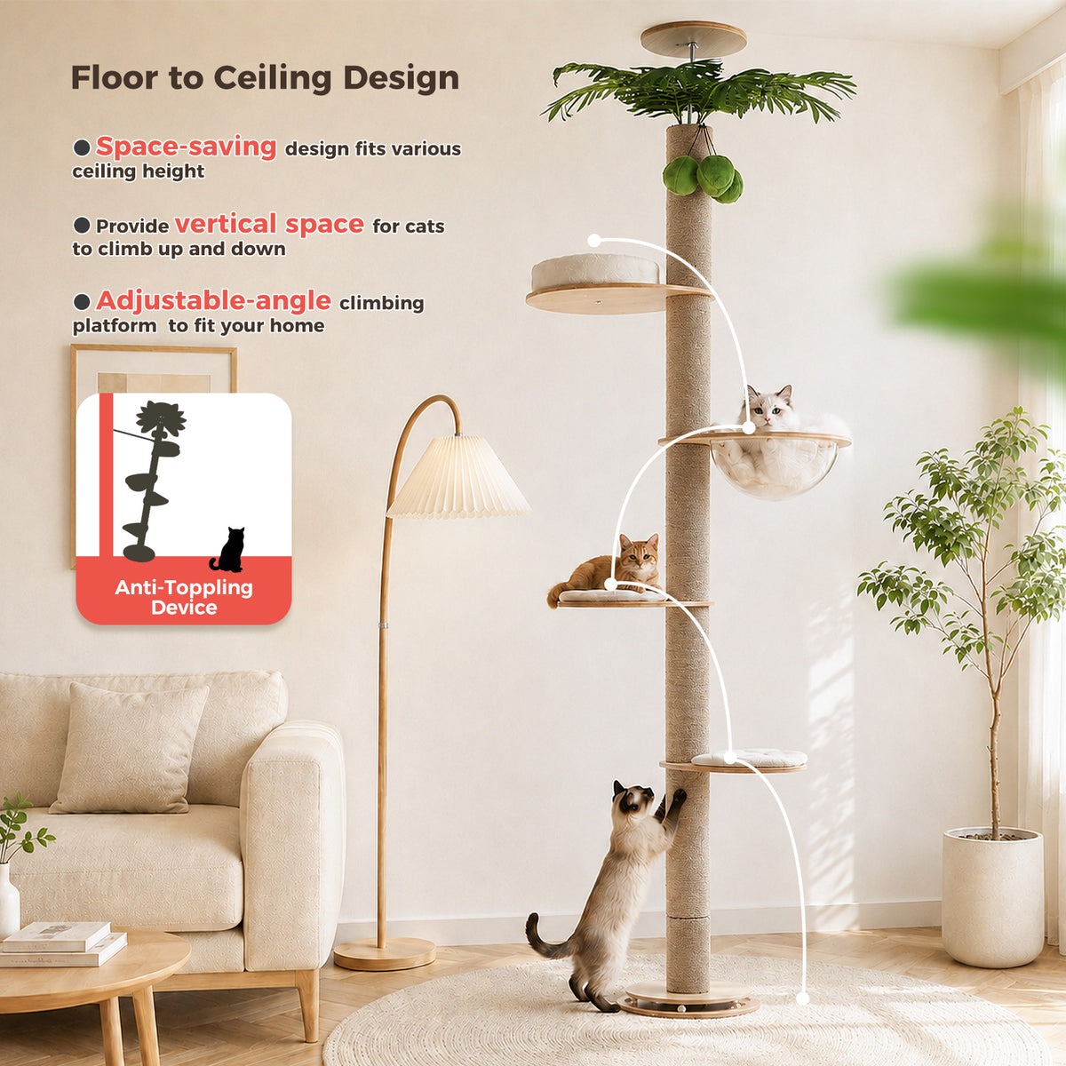 Floor-to-ceiling palm cat tree with climbing-path overlay, colorpoint cat scratching and fluffy cat in the capsule