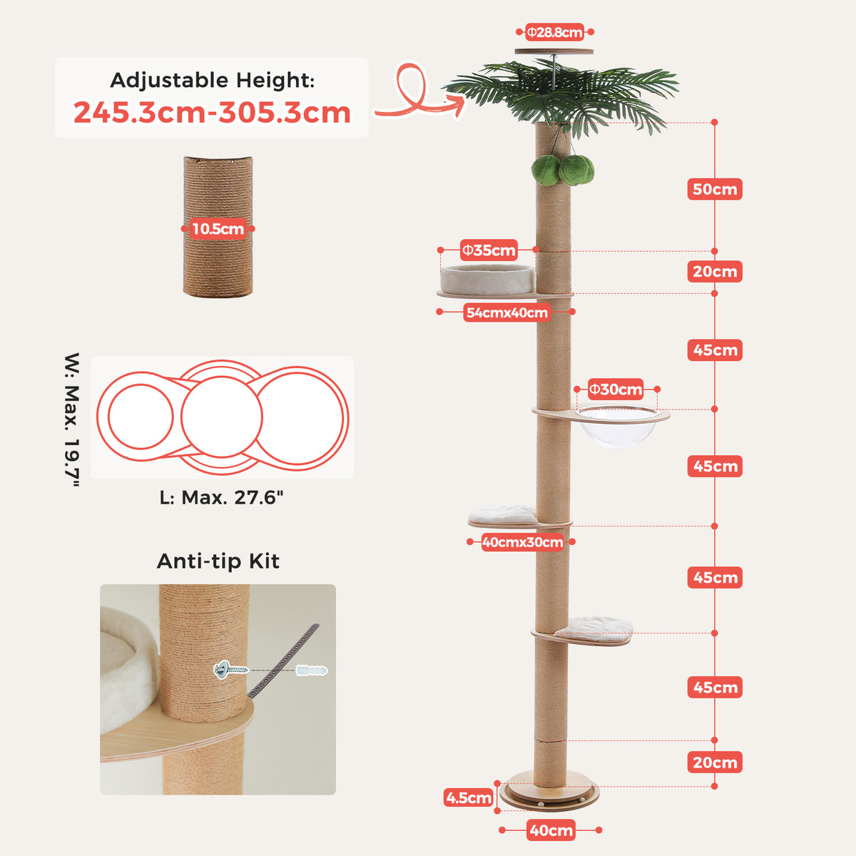 Spec sheet of the palm cat tree with adjustable height range, platform sizes and anti-tip wall kit