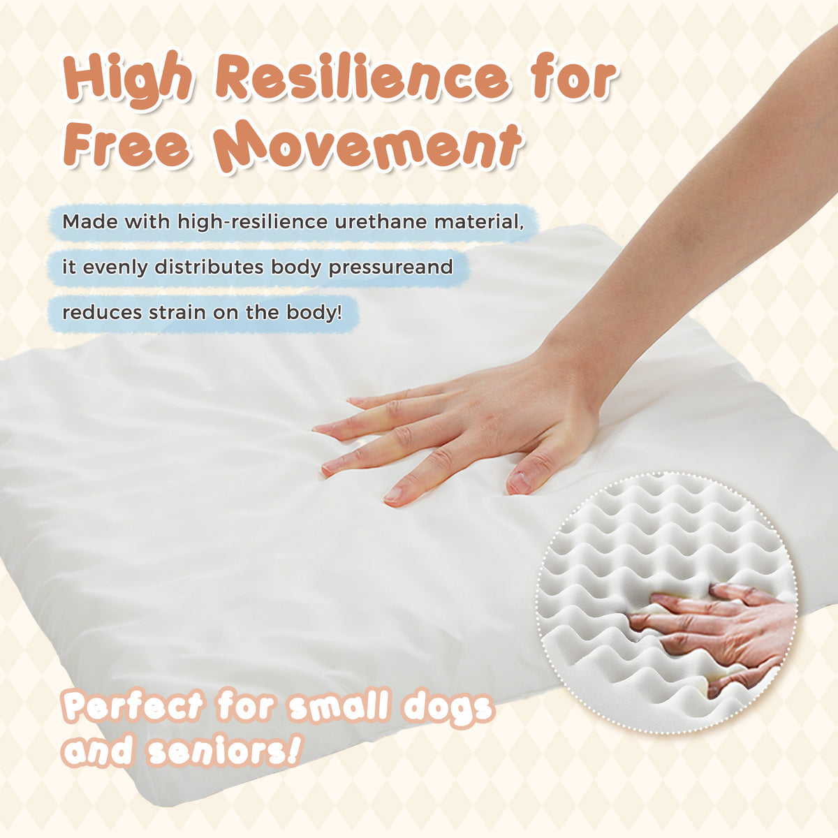 Hand pressing the white foam cushion of the pet cave bed to show high resilience, with an egg-crate foam inset