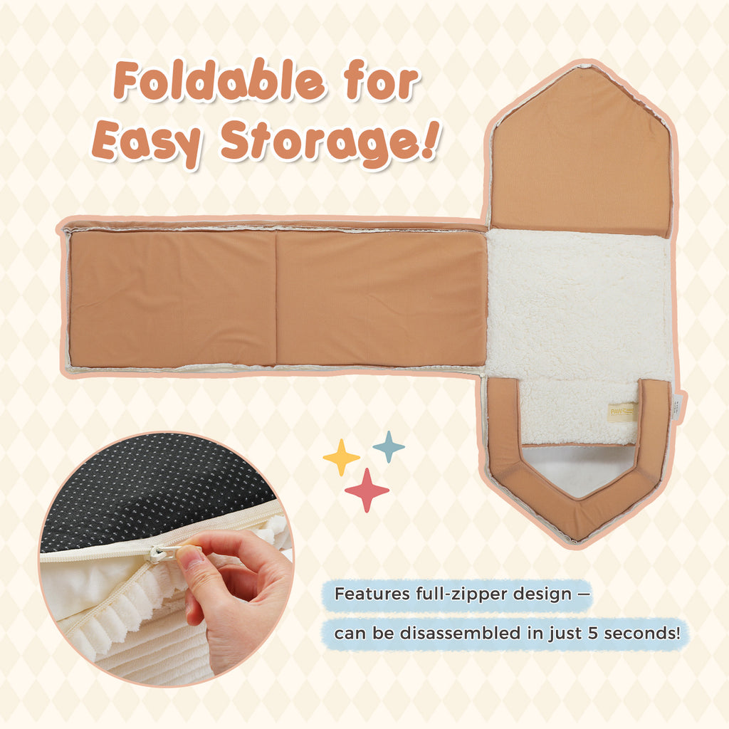 Cave bed laid flat in a T-shape to show its foldable panels, with an inset of a hand closing the full-length zipper