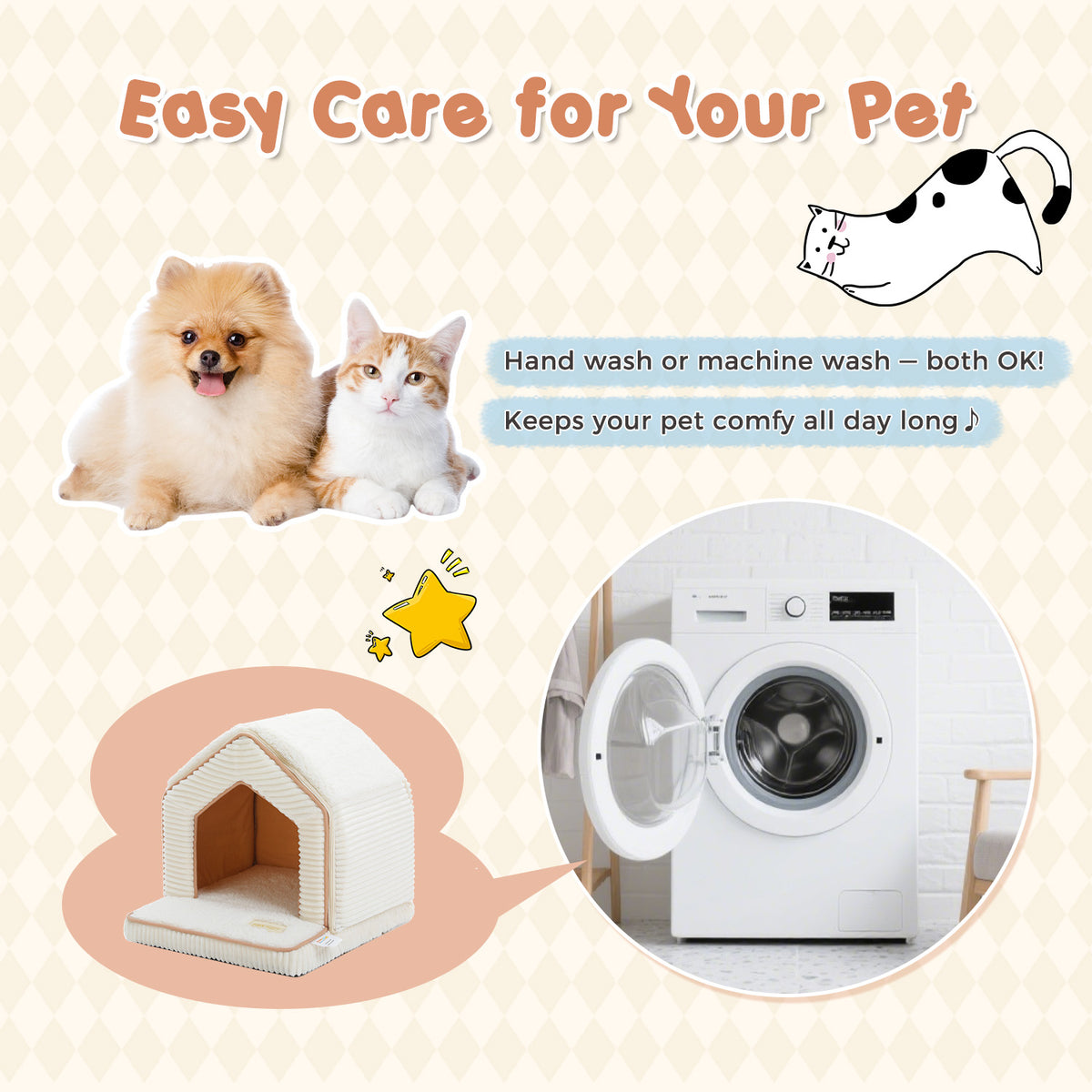 Fluffy dog and tabby cat beside the cave bed, with a washing machine inset and an Easy Care wash-care banner