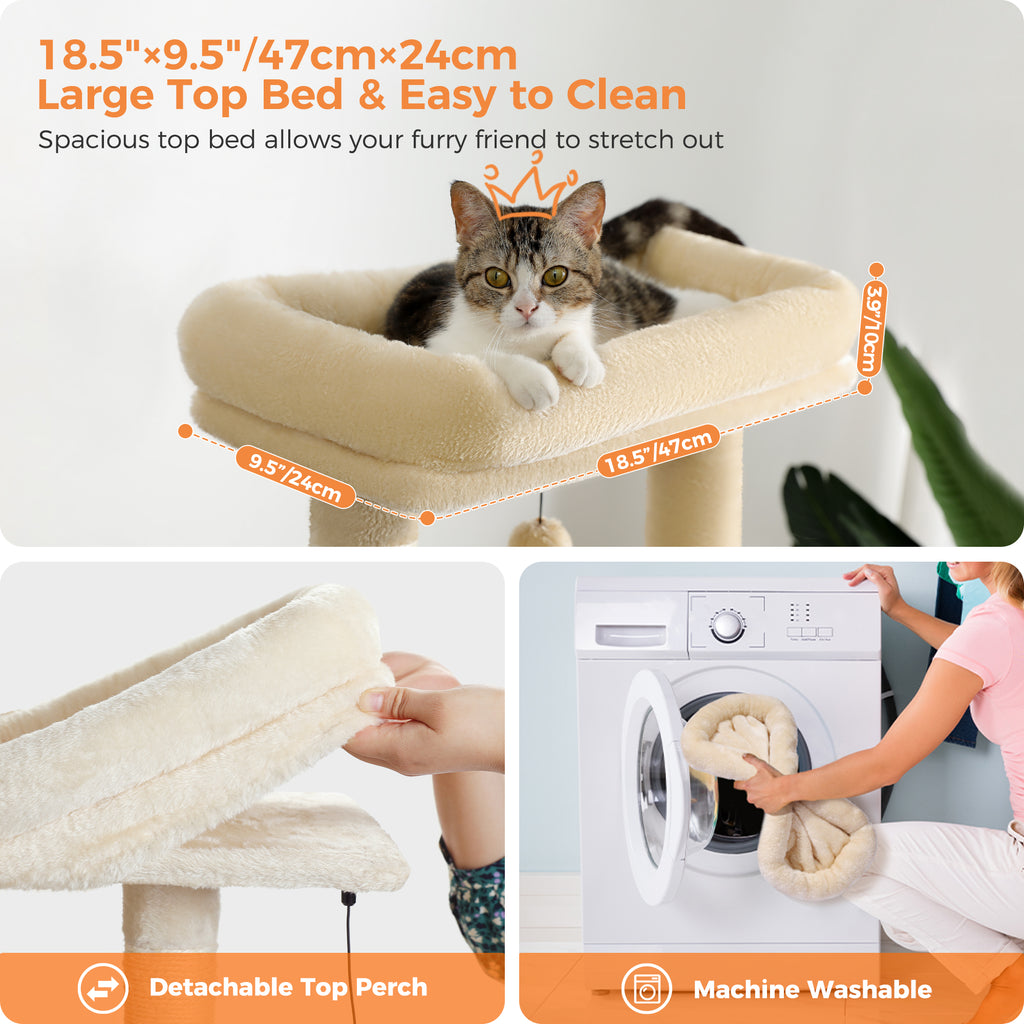 Wide padded top bed of the beige 143cm cat tree with a tabby lounging, detachable and machine washable diagrams