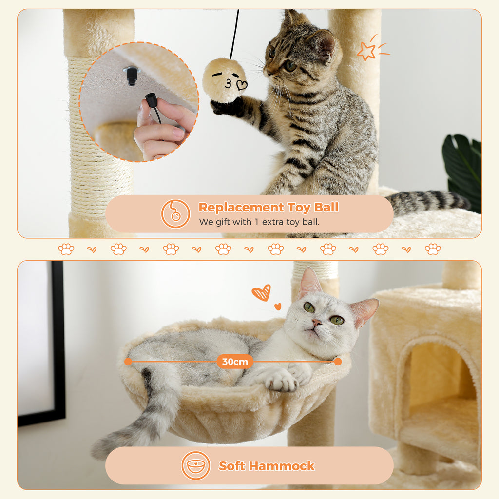 Feature graphic of the beige cat tree, kitten bats the bonus toy ball while a white cat rests in the soft hammock