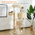 Beige 143cm seven-level cat tower in a living room with tabby and white cats on the condos and paw print route