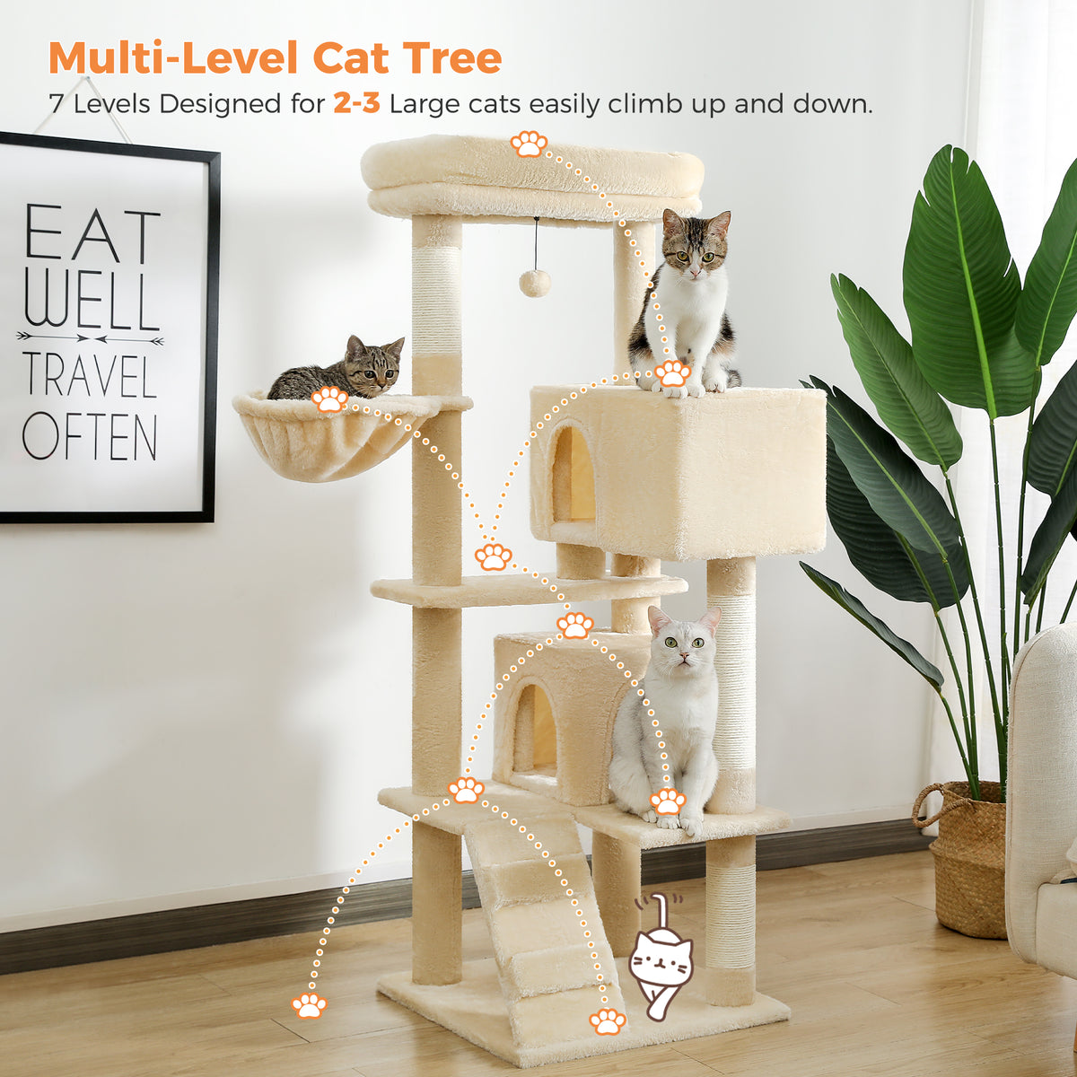Beige 143cm seven-level cat tower in a living room with tabby and white cats on the condos and paw print route