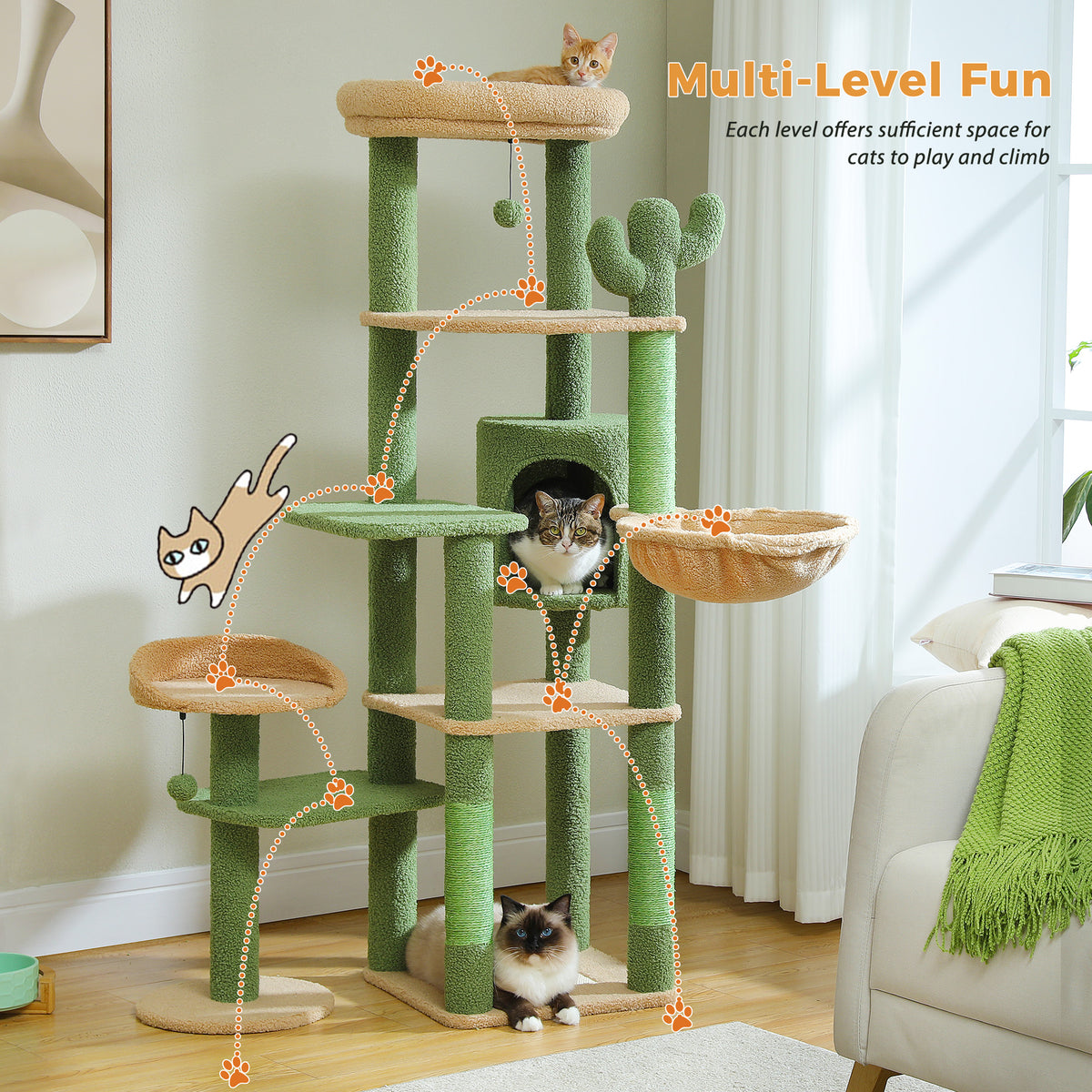Green and beige wide multi-level cat tree with square condo and hammock, orange kitten on the top perch in a bright room