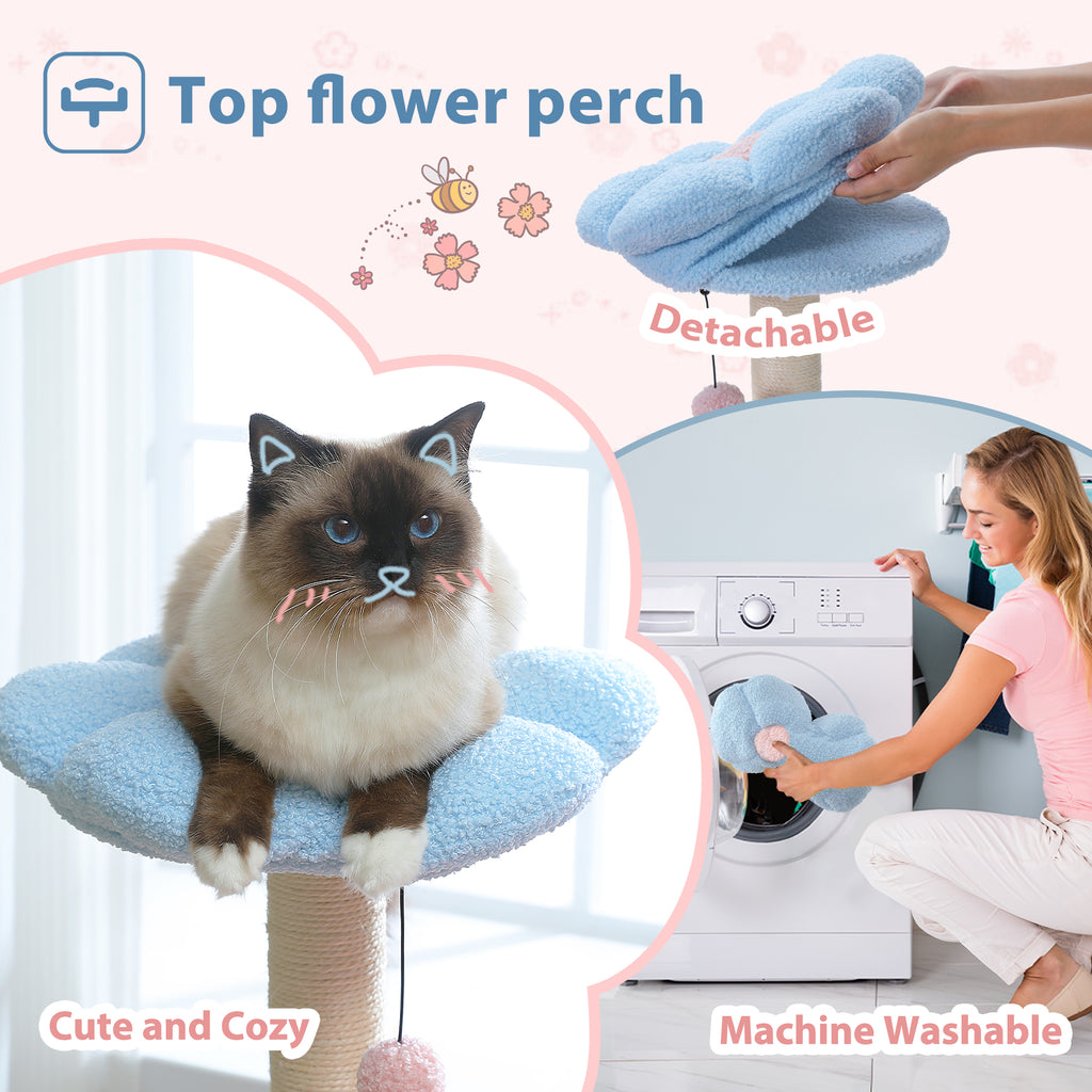 Colorpoint cat lounges on a detachable blue flower perch; collage captions Top flower perch and Machine Washable