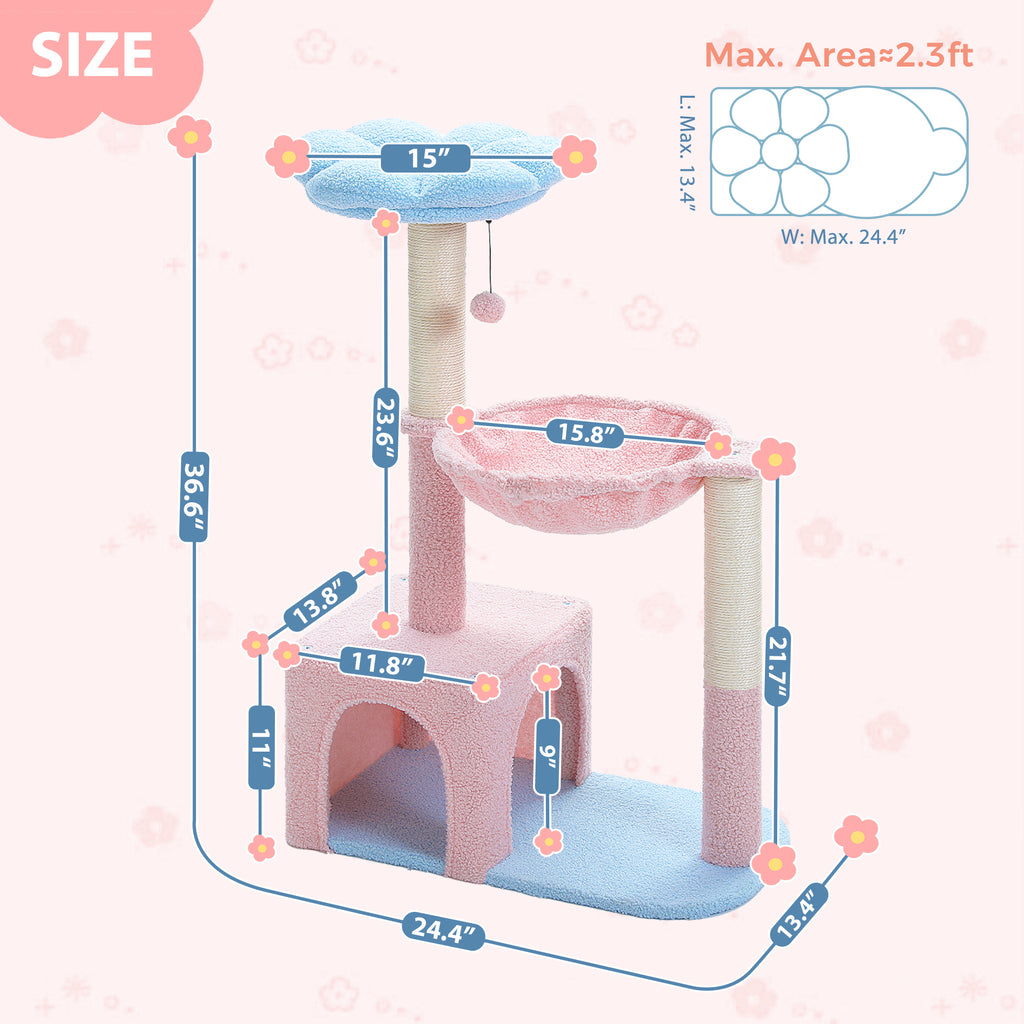 Size diagram of a pastel pink and blue cat tree with flower perches and dimension lines on a pale pink graphic