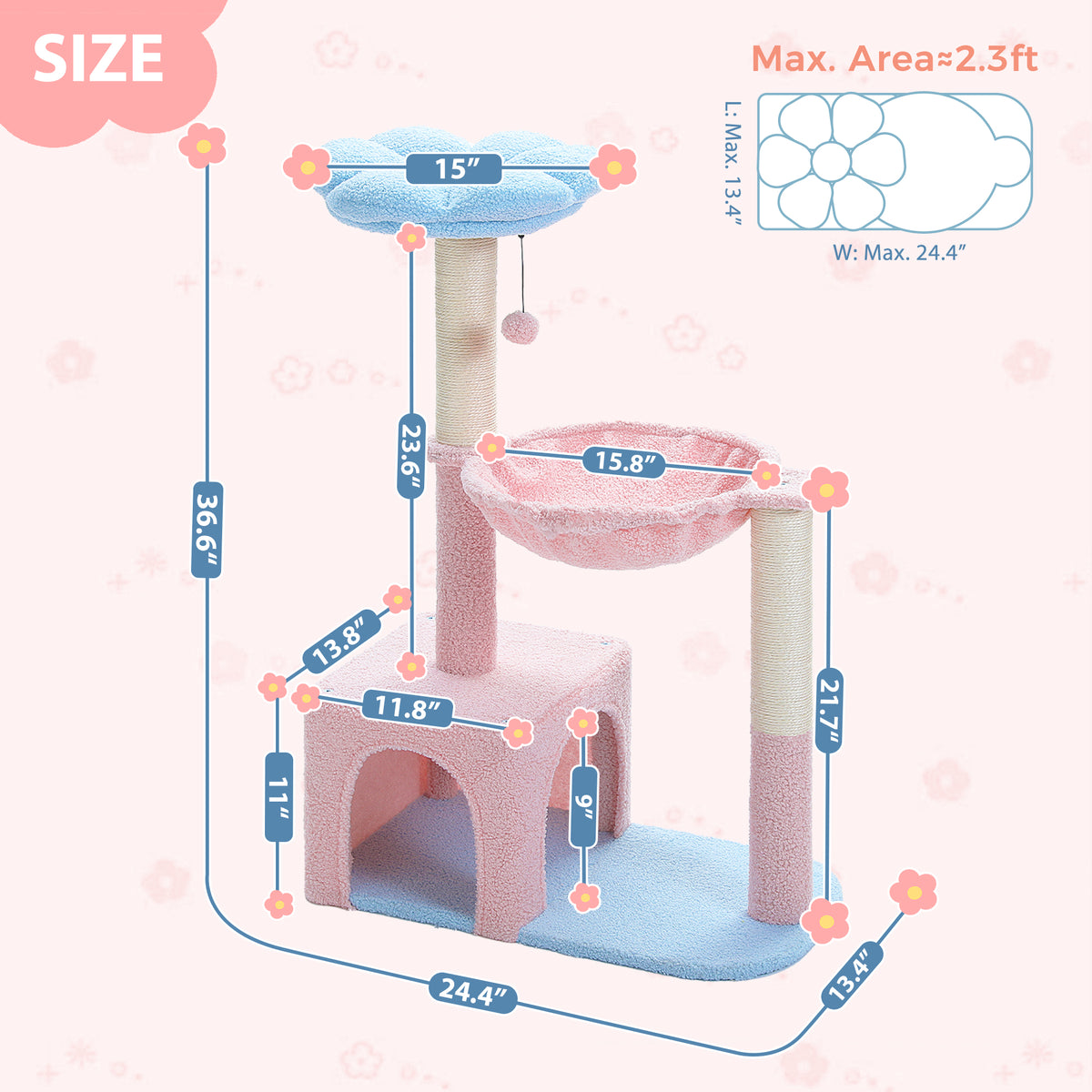 Size diagram of a pastel pink and blue cat tree with flower perches and dimension lines on a pale pink graphic