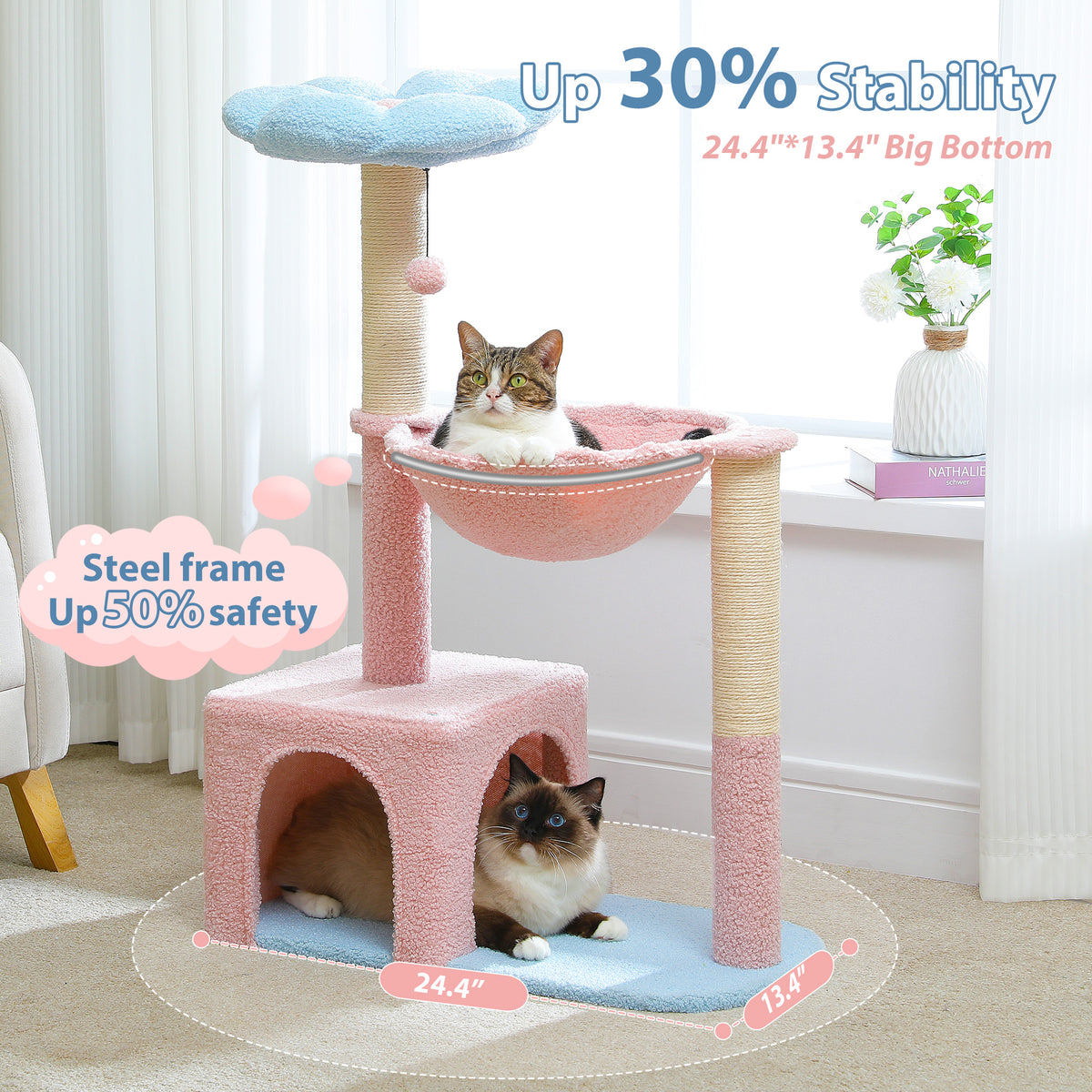 Two cats beside a pastel flower cat tree; base label reads 24.4 by 13.4 inch Big Bottom and Up 30% Stability