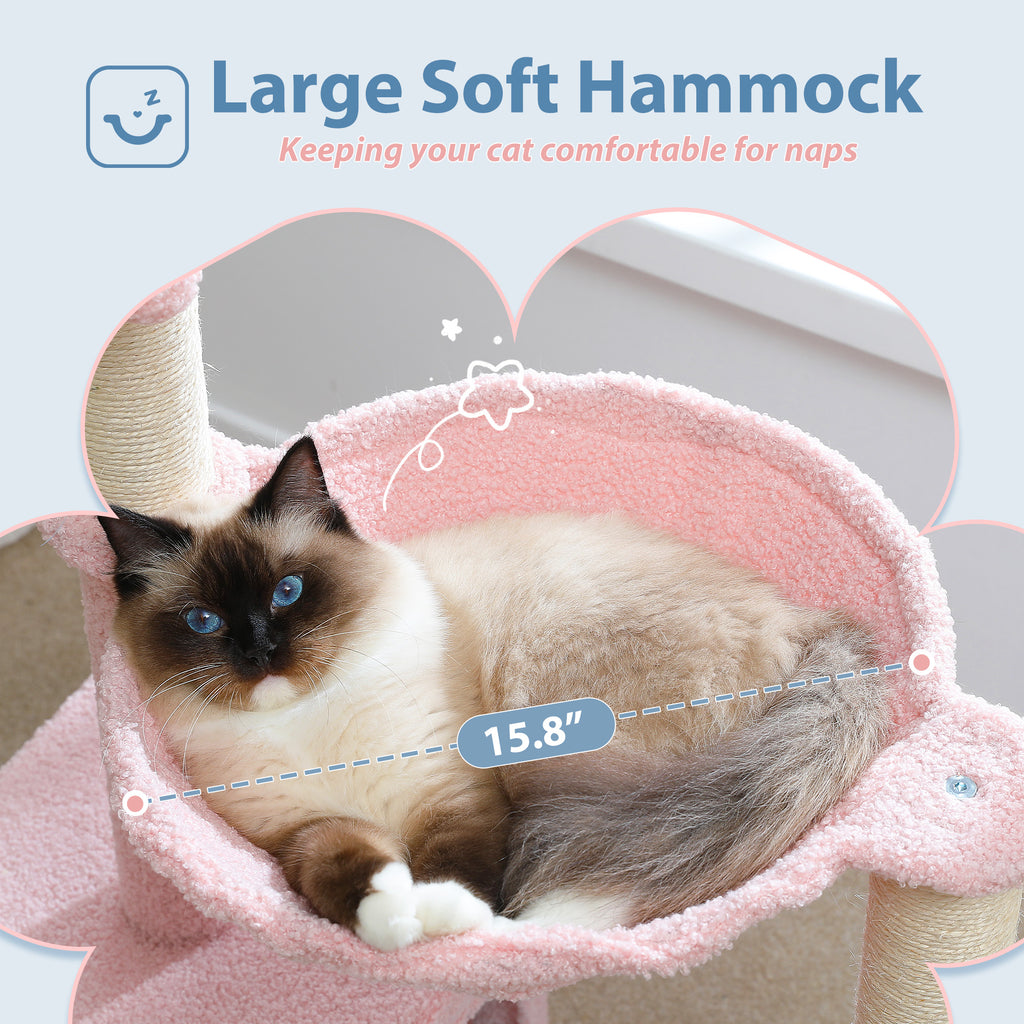 Fluffy colorpoint cat naps in a large pink plush hammock; caption says Large Soft Hammock, 15.8 inch wide