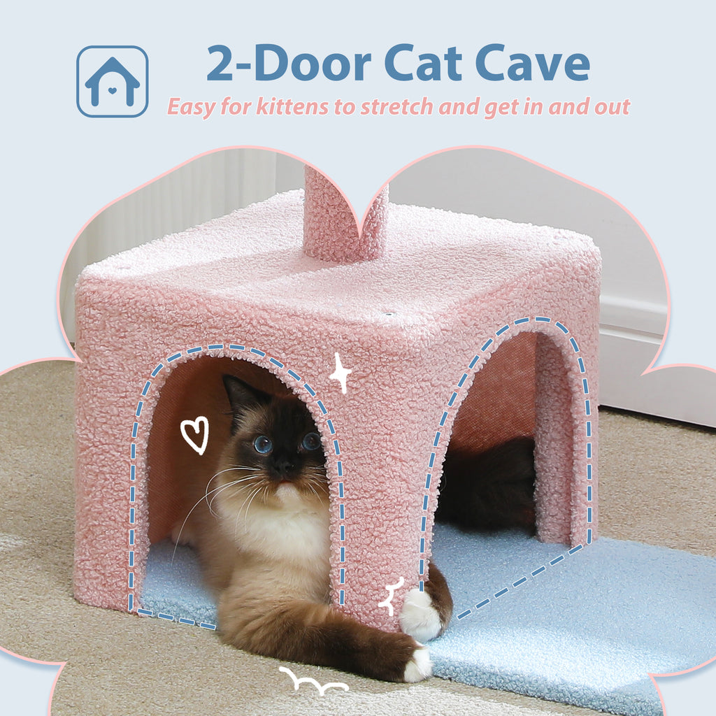 Pink plush cat cave with two arched doorways and a cat peeking out; caption reads 2-Door Cat Cave for kittens
