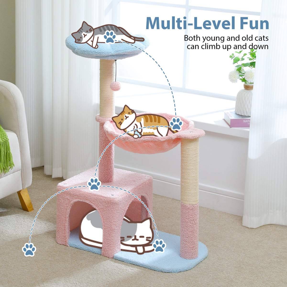 Pastel pink and blue cat tree with flower perch, hammock and condo; paw print route and Multi-Level Fun caption