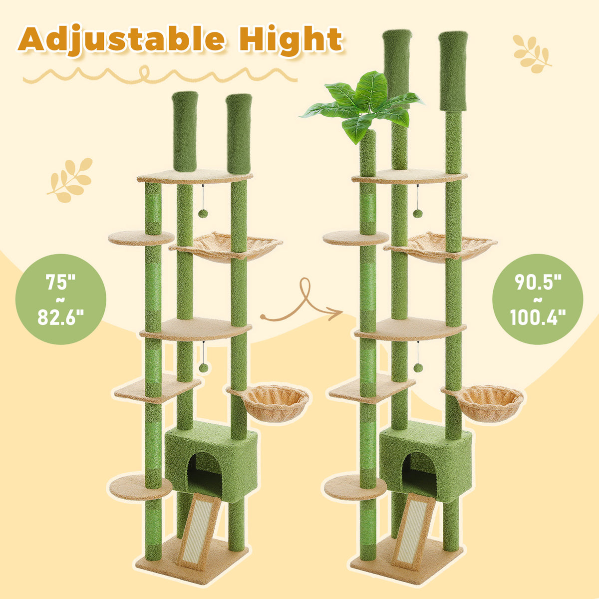 Green bamboo Sky-High cat tree shown at two adjustable heights from 75 to 100 inches on a pastel graphic background