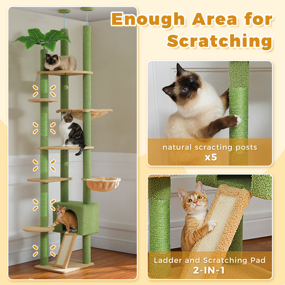 Three cats rest on a Sky-High tree beside captions for five scratching posts and a two-in-one ladder pad