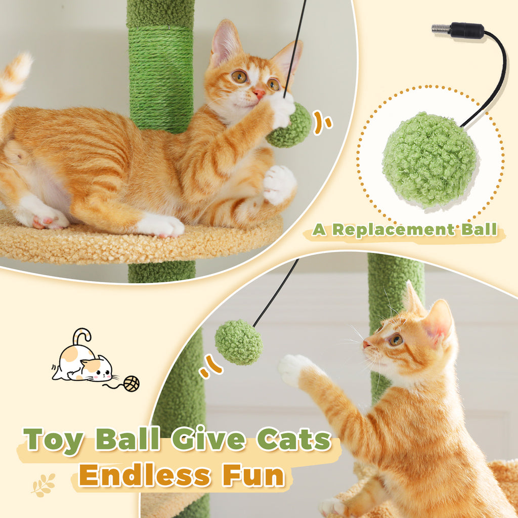 Ginger kitten bats a lime green replacement ball hanging under a Sky-High tree platform with toy feature captions