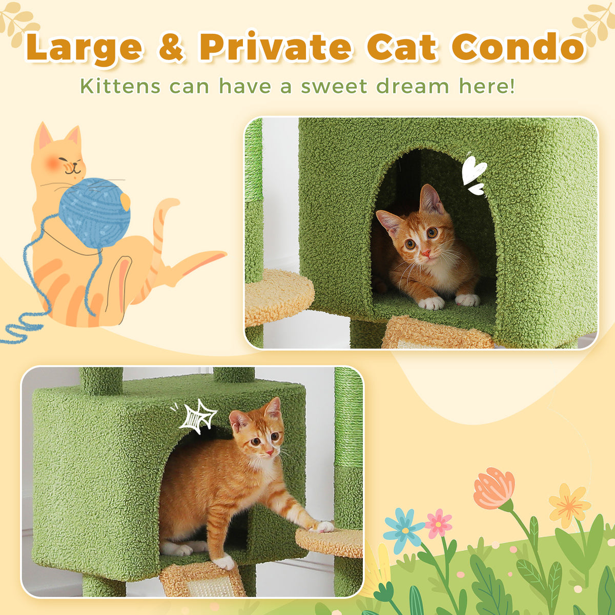 Ginger kitten peers from the green condo of a Sky-High tree under a Large and Private Cat Condo caption