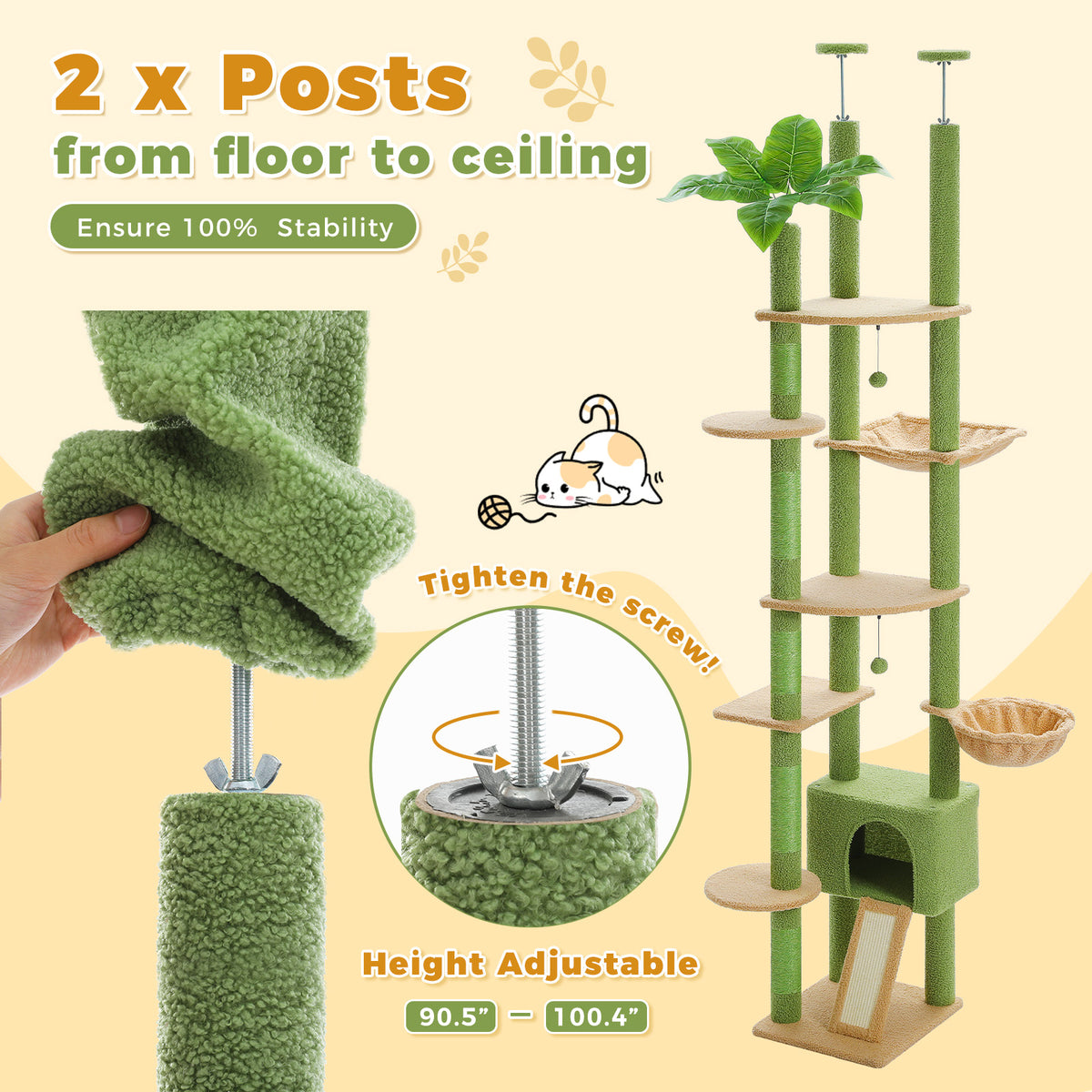 Sky-High cat tree ceiling tension system with screw tightening and floor-to-ceiling stability captions on pastel art