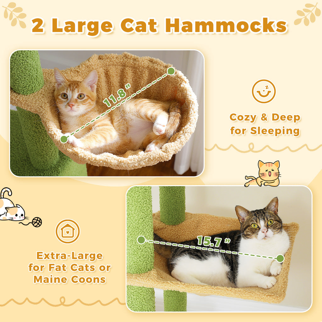 Two large beige hammocks on a green Sky-High cat tree with a ginger kitten and tabby cat shown in size callouts